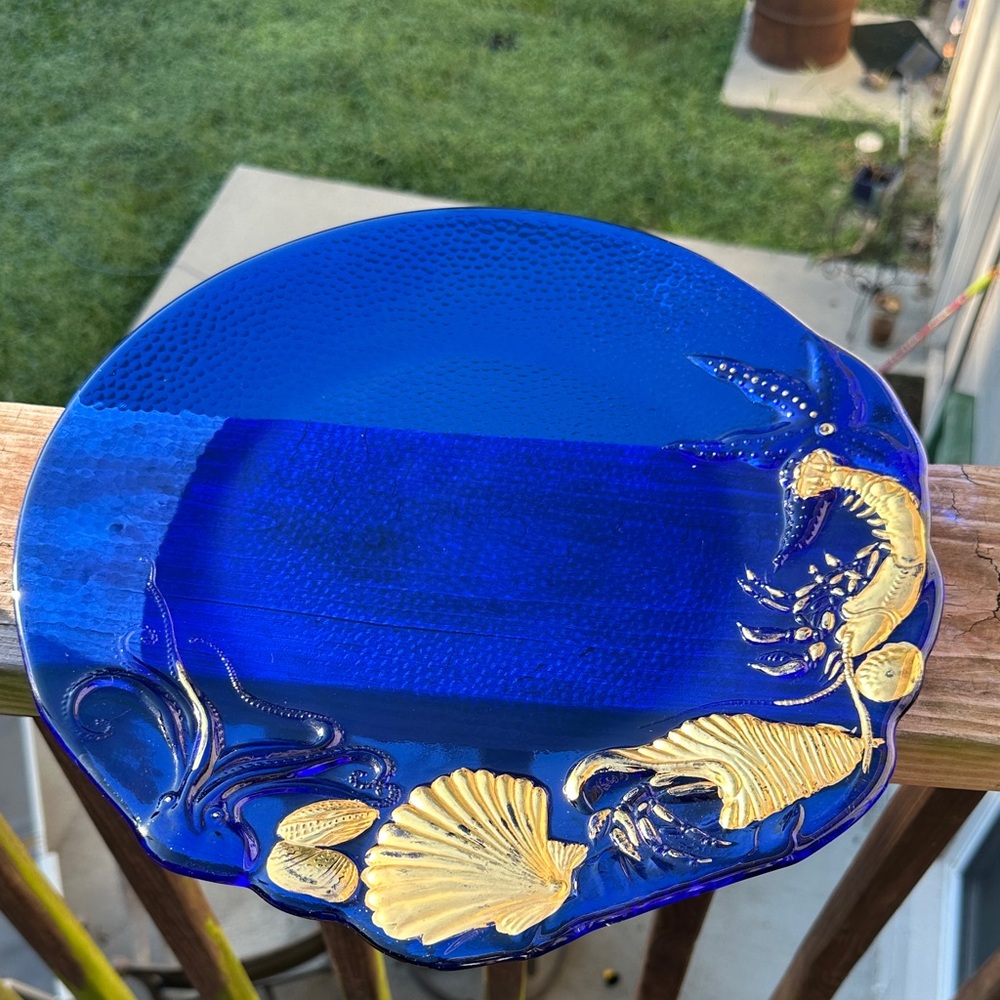 Italian Cobalt Blue and Gold Decorative Glass Seafood Plate. Vintage